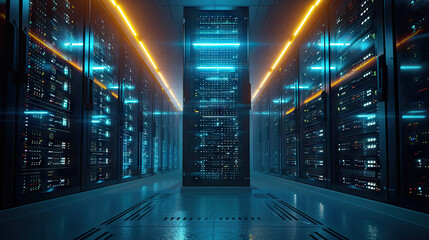 Poster - Big data center technology warehous with servers information digitalization Starts. SAAS, Cloud Computing, Web Service.