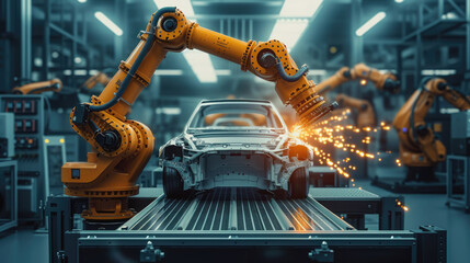 Poster - Car Factory Digitalization Industry 4.0 Concept: Automated Robot Arm Assembly Line Manufacturing High-Tech Green Energy Electric Vehicles
