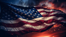 American Flag Waving In The Wind On Dark Cloudy Sky Background 3D Rendering. Generative AI