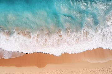 Wall Mural - Splashing sea waves on the sand beach. Beautiful natural background at the summer time. Aerial top view of waves in tropical blue rmerald turquoise ocean