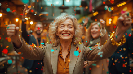 A woman celebrates his last day of work before retirement with his office colleagues.