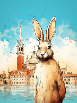 Stylish Easter Rabbit With Copy Space, A Rabbit Standing In Front Of A City