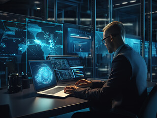 male it specialist using two laptop computers late at night at office. male maintenance administrato