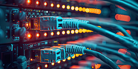 cables and connections for data transfer in the digital world. network cables connected to switch