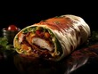 Chicken wrap with sliced meat and vegetables on black background