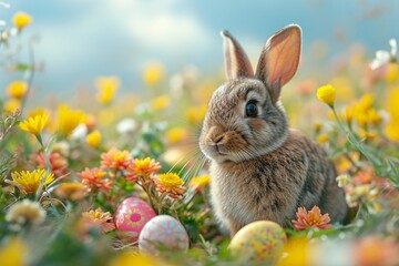 Wall Mural - Bunny in the Flowers: A Cute Easter Celebration Generative AI