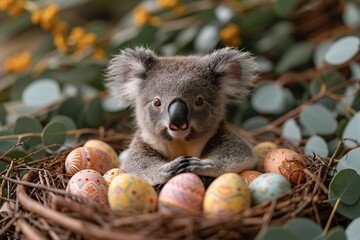 Wall Mural - Easter Bunny - A cute koala bear sitting in a nest surrounded by colorful eggs, celebrating the Easter holiday. Generative AI
