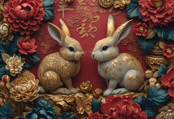 Wall Mural - Bunny Boom: Gold Bunnies and Red Flowers Generative AI