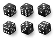 Black dice with black dots. Vector set isolated on white background. 3d dice.