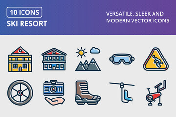 Poster - Ski Resort Thick Line Filled Dark Colors Icons Set