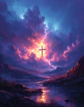 Cross In The Sky: A Stunning Purple Sunset With A Glowing Cross Generative AI