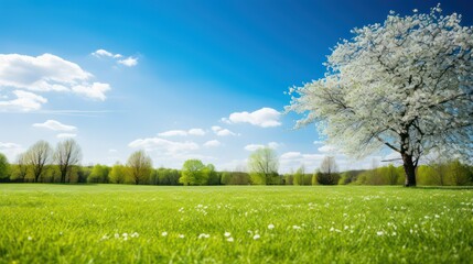 Vibrant green landscape under a bright blue sky with fluffy white clouds. Nature background.