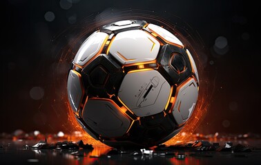 A futuristic soccer ball with mechanical components, blending technology and sports innovation.