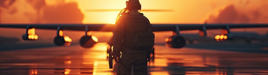 Wall Mural - A scene of a military aircraft in the airport against the backdrop of a stunning sunset, capturing the essence of evening operations.