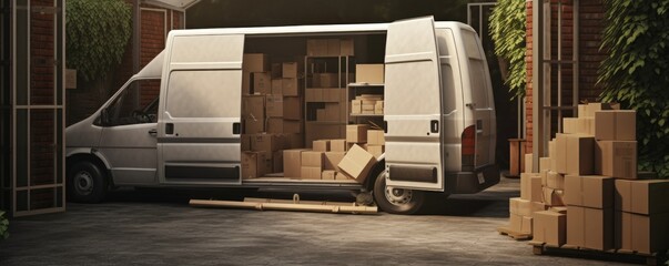 Wall Mural - Open door on delivery van loaded with boxes. Generative ai