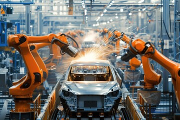Fototapete - Modern car manufacturing factory, automobile assembly line, automotive industry.