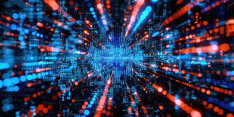 Poster -  Abstract digital virtual city. Scanning city for hackers attack concept. Software developer, programming, binary computer code with technology and connection concept