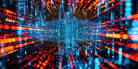 Poster -  Abstract digital virtual city. Scanning city for hackers attack concept. Software developer, programming, binary computer code with technology and connection concept