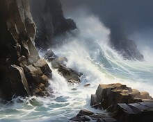 A Rocky Coastline With Waves Crashing Against The Cliffs, Creating A Dramatic And Dynamic Seascape.