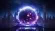 © trustmastertx - Futuristic glowing sphere portal portal in a neon-lit cityscape background
