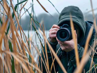 Professional photographer in hoodie captures nature's beauty with digital camera in the grassy outdoors, showcasing professional skills and passion for photography