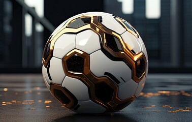 A futuristic soccer ball with mechanical components, blending technology and sports innovation.