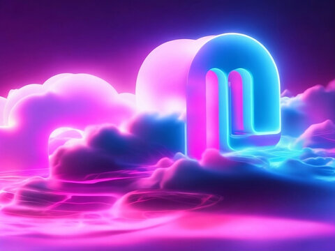 3d render, neon linear number one and colorful cloud glowing with pink blue neon light, abstract fantasy background