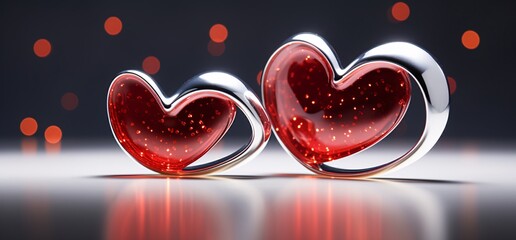 Wall Mural - two red hearts on a silver background