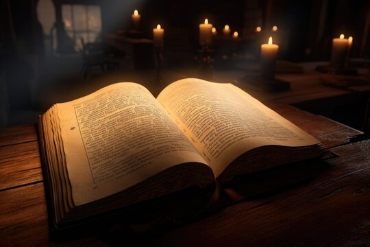 Bible on Wood Table with Divine Light Church Concept