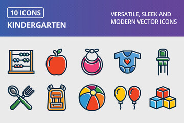 Wall Mural - Kindergarten Thick Line Filled Dark Colors Icons Set