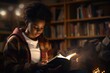 AfricanAmerican student studying religion in Chicago library.