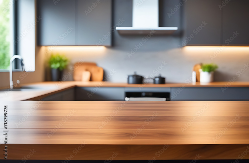 Front view of elegant interior with grey drawers kitchen cabinet. Empty ...