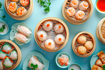 Dim sum on light blue background., Top view.