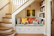 understair alcove with a padded seat and builtin book nooks