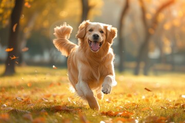Wall Mural - In a park, a golden retriever playing and running. Generative Ai.