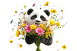 cheerful panda with a wide smile enjoying a bouquet of bright spring flowers for March 8, on a white background.