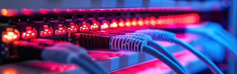 Poster - close-up of network cables connected to switch in internet data center. Banner.