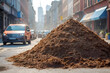A big pile of manure on a city street. Farmers' protest