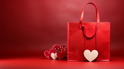 Wall Mural - Red shopping bag with hearts on red background. Valentine's Day sale banner