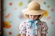 child in polka dot dress straw hat