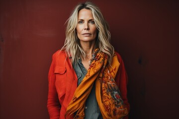 Wall Mural - Portrait of a beautiful middle aged woman with long blond hair in a red jacket and orange scarf on a red background.