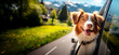 A funny cute dog looks out of the car window on the road. Spring or summer country travel with pets. Family trip on summer vacation.