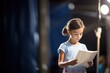 child actress reading script backstage under spotlight