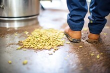 Brewers Boots On A Brewery Floor With Spilled Hops