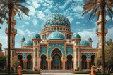 Fototapeta  - Arabian Nights: A Blue and Gold Palace with a Dome and Minarets Generative AI