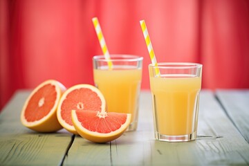 fresh grapefruit halves beside juice with straw