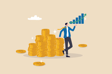 Wall Mural - Success investment growth, wealth management, saving or increase income, rich life, earning profit or growing pension fund, prosperity concept, rich businessman with coin stack and growth chart.