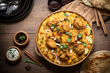 Wall Mural - Spicy chicken biryani cuisine in a shiny silver bowl, authentic Indian food, serving fancy food in a restauran