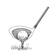 Golf ball with club. Vector hand-drawn sports equipment. Illustration in sketch style on white background.