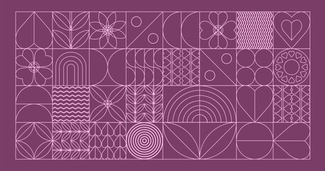Poster - Abstract romantic composition of geometric lines, abstract drawings with heart and plant symbols, retro wallpaper and decoration, banner, poster. Vector illustration.